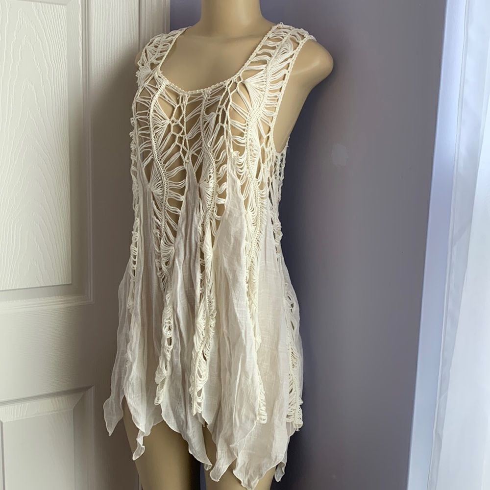 Shoreline Woven Crochet Swimwear Cover Up Dress S/M Ivory